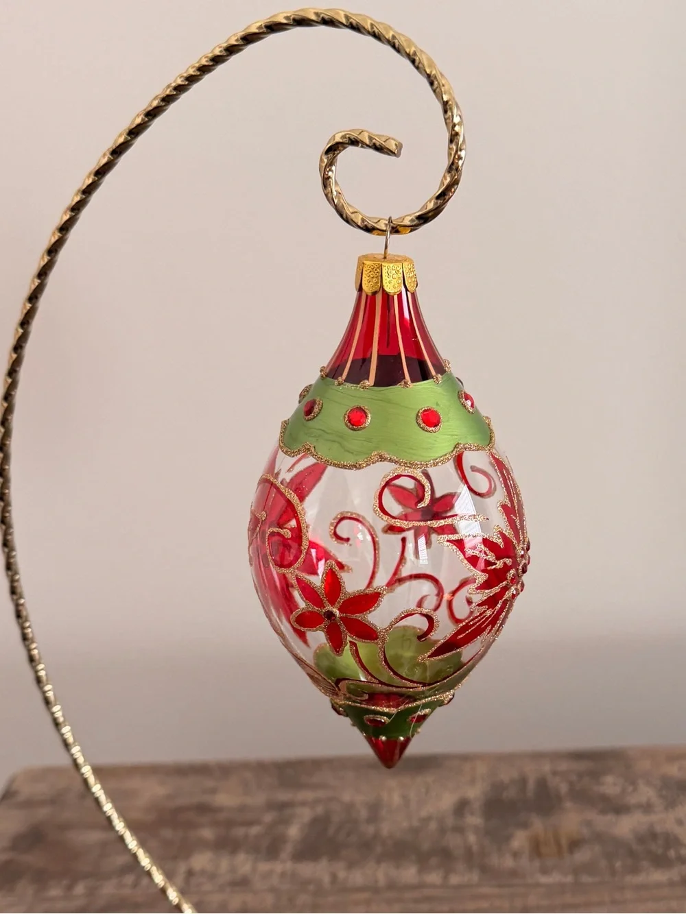 Vintage Style Glass Teardrop Poinsettia Christmas Ornament JS Mark- Excel. Cond.